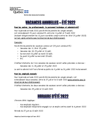 Vacances annuelles et horaire d'été 2022