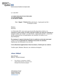 Lettre : Utilisation d'un cache boucle « Angel guard seat belt » au transport scolaire