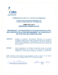 Procédure administrative définissant les processus d'acquisition relatifs aux contrats d'approvisionnement, de services et de travaux de construction