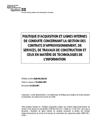 Politique d'acquisition et lignes internes de conduite concernant la gestion des contrats d'approvisionnement, de services, de travaux de construction et ceux en matière de technologies de l'information