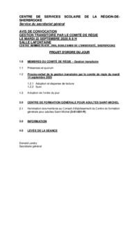 Ordre du jour : Séance de gestion transitoire par le Comité de régie du CSSRS (22 septembre 2020)