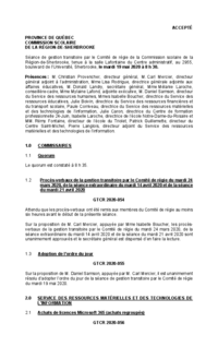 Séance de gestion transitoire par le Comité de régie du CSSRS (19 mai 2020)
