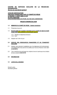 Ordre du jour : Séance de gestion transitoire par le Comité de régie du CSSRS (11 août 2020)