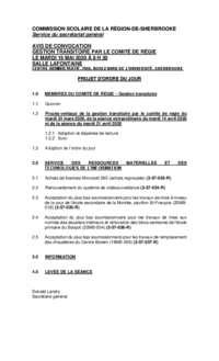 Ordre du jour : Séance de gestion transitoire par le Comité de régie du CSSRS (19 mai 2020)