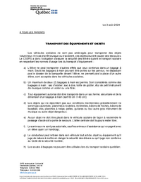 Lettre : Transport des équipements et objets