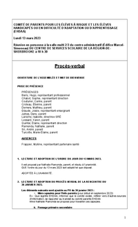 Procès-verbal du 13 mars 2023 : Comité de parents pour les élèves à risque et les élèves handicapés ou en difficulté d'adaptation ou d'apprentissage (EHDAA)