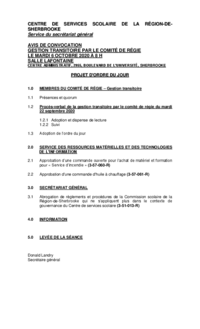 Ordre du jour : Séance de gestion transitoire par le Comité de régie du CSSRS (6 octobre 2020)