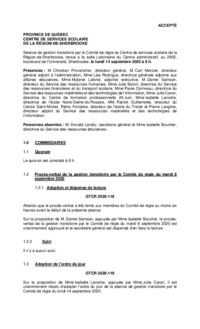 Séance de gestion transitoire par le Comité de régie du CSSRS (14 septembre 2020)