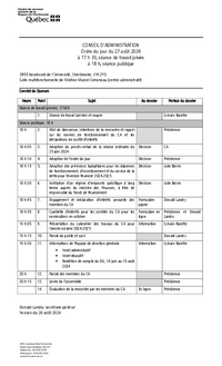 Ordre du jour du 27 août 2024 du Conseil d'administration (CA)