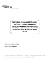 Politique sur l'allocation de présence des membres du conseil d'administration et le remboursement de certains frais