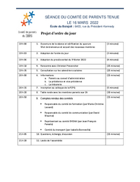 Ordre du jour : Séance du comité de parents (16 mars 2022)