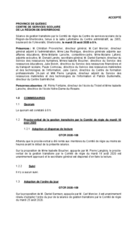 Séance de gestion transitoire par le Comité de régie du CSSRS (25 août 2020)