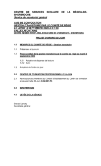 Ordre du jour : Séance de gestion transitoire par le Comité de régie du CSSRS (14 septembre 2020)