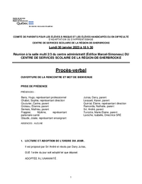 Procès-verbal du 30 janvier 2023 : Comité de parents pour les élèves à risque et les élèves handicapés ou en difficulté d'adaptation ou d'apprentissage (EHDAA)
