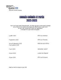 Liste et dates des congés chômés et payés 2022-2023