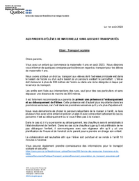 Lettre : Transport scolaire aux parents d'élèves de maternelle 4 ans qui sont transportés (2023)