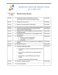 Ordre du jour : Séance du comité de parents (13 avril 2022)