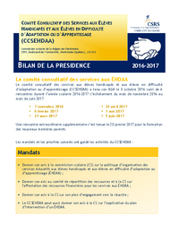 Bilan de la présidence 2016-2017 du Comité consultatif des services aux élèves handicapés et aux élèves en difficulté d'adaptation ou d'apprentissage (CCSEHDAA)