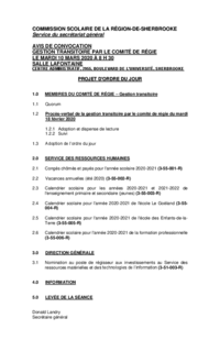 Ordre du jour : Séance de gestion transitoire par le Comité de régie du CSSRS (10 mars 2020)
