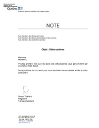 Note aux directions des écoles primaires et secondaires, des centres et des institutions privées sur les débarcadères