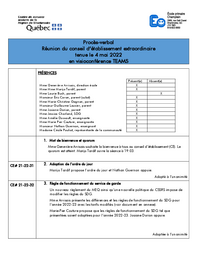 Procès-verbal : Réunion du conseil d'établissement extraordinaire (4 mai 2022)