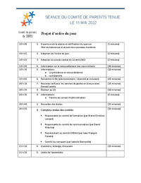 Ordre du jour : Séance du comité de parents (11 mai 2022)