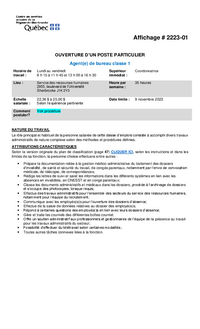 Offre d'emploi : Agent de bureau classe 1 (2022)