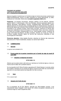 Séance de gestion transitoire par le Comité de régie du CSSRS (8 septembre 2020)