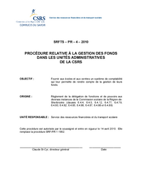 Procédure relative à la gestion des fonds dans les unités administratives de la CSRS