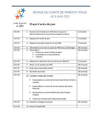 Ordre du jour : Séance du comité de parents (8 juin 2022)