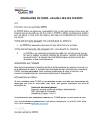 Lettre : Assurances du CSSRS - Assurances des parents