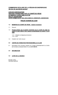 Ordre du jour : Séance de gestion transitoire par le Comité de régie du CSSRS (21 avril 2020)