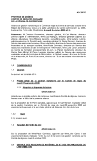 Séance de gestion transitoire par le Comité de régie du CSSRS (6 octobre 2020)