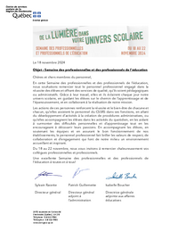 Lettre : Semaine des professionnelles et des professionnels de l'éducation 2024