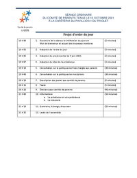 Ordre du jour : Séance ordinaire du comité de parents (13 octobre 2021)