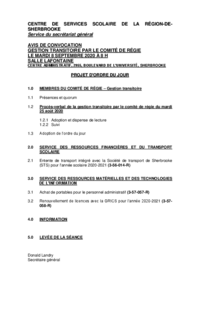Ordre du jour : Séance de gestion transitoire par le Comité de régie du CSSRS (8 septembre 2020)