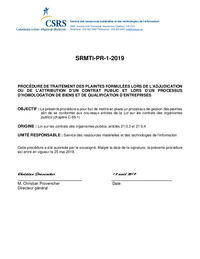 Procédure de traitement des plaintes formulées lors de l'adjudication ou de l'attribution d'un contrat public et lors d'un processus d'homologation de biens et de qualification d'entreprises