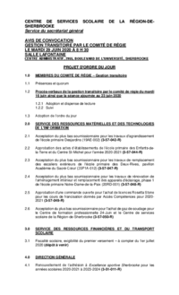 Ordre du jour : Séance de gestion transitoire par le Comité de régie du CSSRS (29 juin 2020)