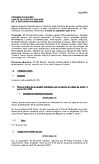 Séance de gestion transitoire par le Comité de régie du CSSRS (22 septembre 2020)