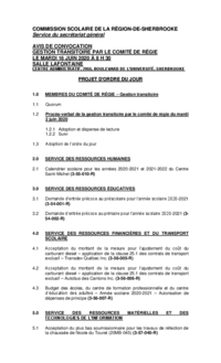 Ordre du jour : Séance de gestion transitoire par le Comité de régie du CSSRS (16 juin 2020)
