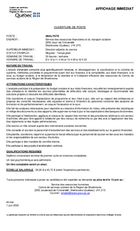 Offre d'emploi - Ouverture de poste : Analyste