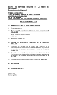 Ordre du jour : Séance de gestion transitoire par le Comité de régie du CSSRS (25 août 2020)
