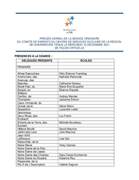 Procès-verbal : Séance ordinaire du comité de parents (15 décembre 2021)