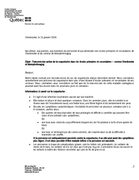 Lettre : Transmission active de la coqueluche dans les écoles primaires et secondaires – secteur Sherbrooke et Memphrémagog