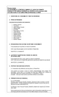 Procès-verbal du 28 novembre 2022 : Assemblée générale annuelle (AGA) du comité consultatif EHDAA parents du CSSRS
