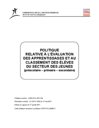 Politique relative à l'évaluation des apprentissages et au classement des élèves du secteur des jeunes (préscolaire, primaire et secondaire)