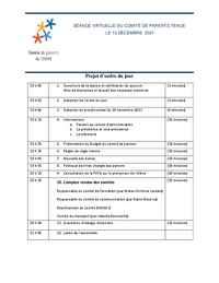 Ordre du jour : Séance virtuelle du comité de parents (15 décembre 2021)