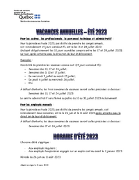 Vacances annuelles et horaire d'été 2023