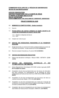 Ordre du jour : Séance de gestion transitoire par le Comité de régie du CSSRS (18 février 2020)