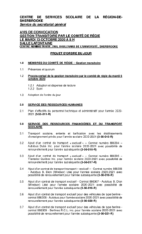 Ordre du jour : Séance de gestion transitoire par le Comité de régie du CSSRS (13 octobre 2020)